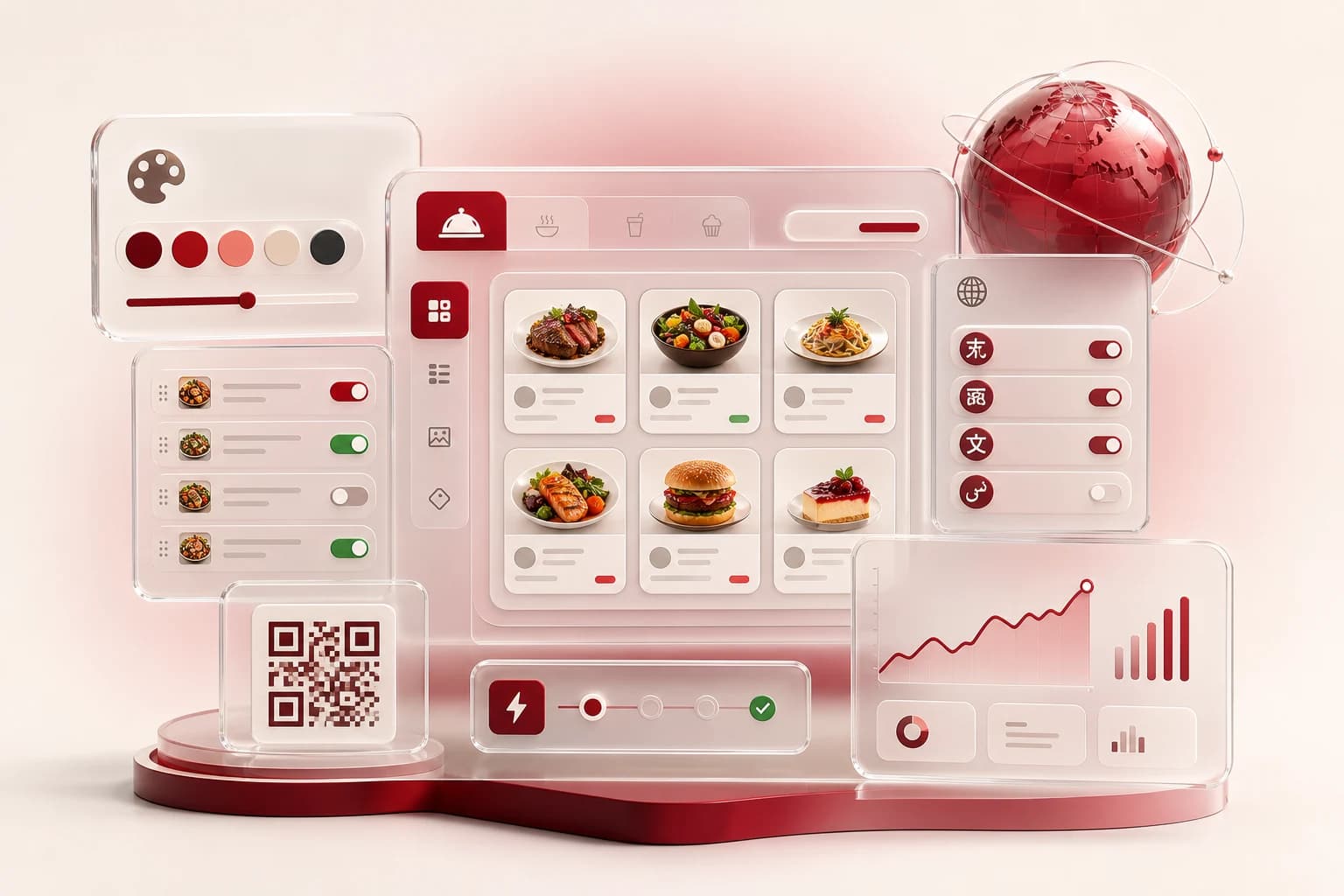 Menu1 özelleştirme, çoklu dil ve analitik özelliklerini gösteren üç boyutlu platform görseli