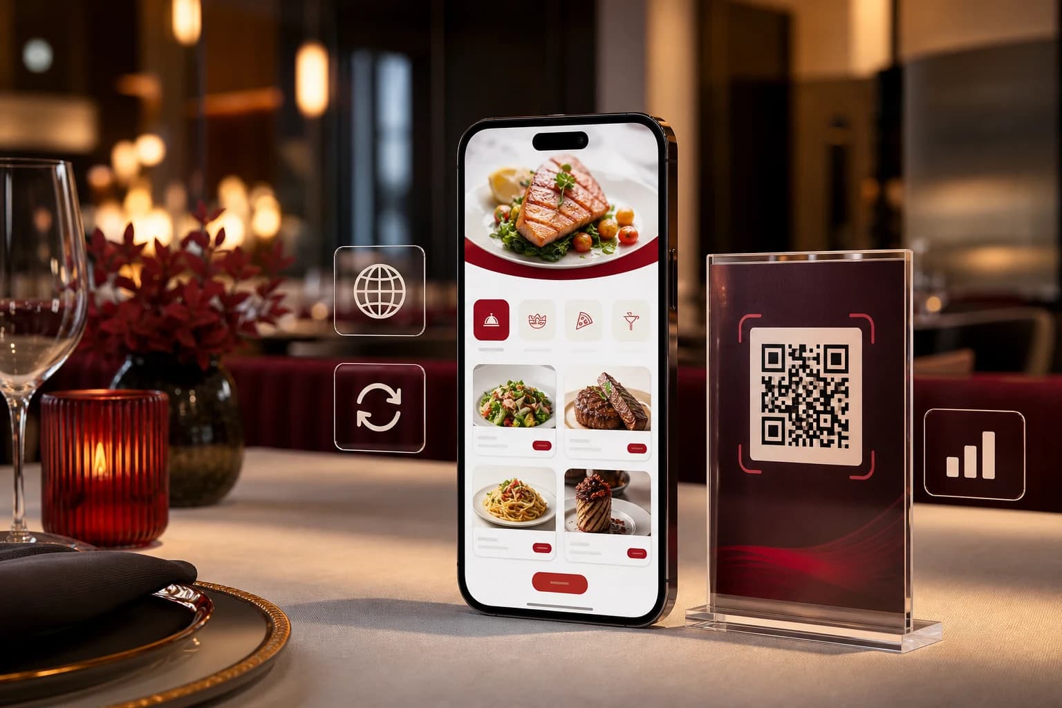 Restoran masasında dijital menü gösteren telefon ve QR kod standı